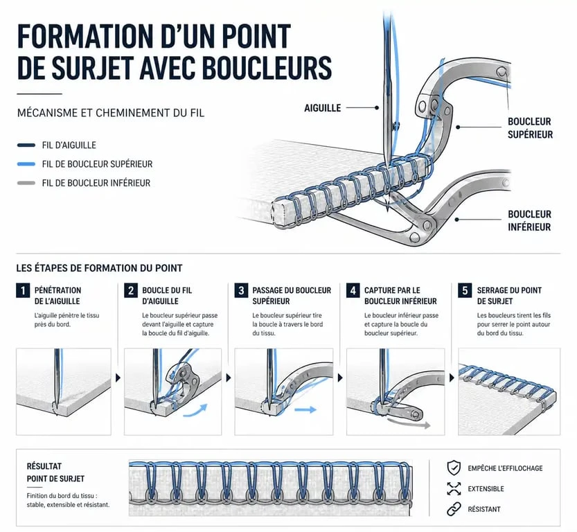 Schéma technique du mécanisme de surjet d'une surfileuse pour des finitions professionnelles