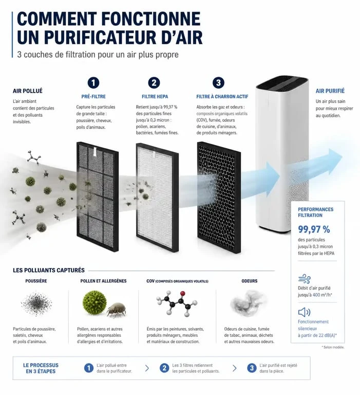 Schéma de fonctionnement d'un purificateur d'air et filtration HEPA pour avis sur les purificateurs d'air