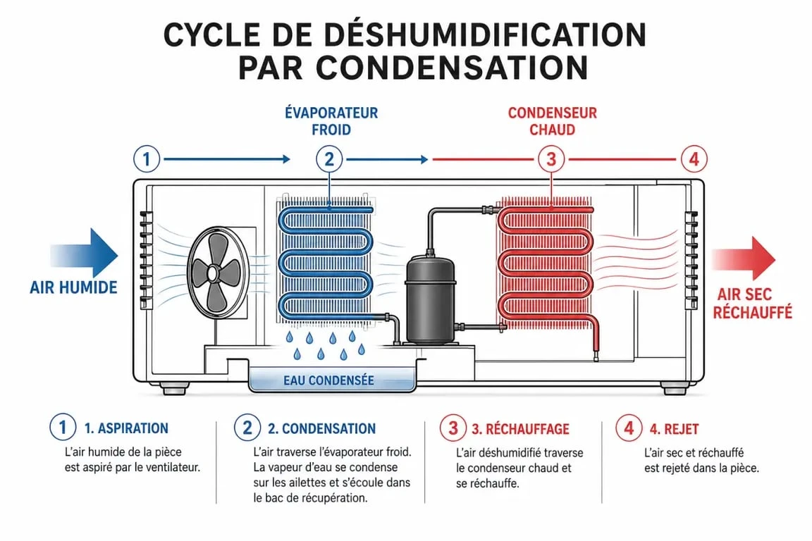 Schéma du fonctionnement d'un déshumidificateur par condensation montrant le cycle de l'air