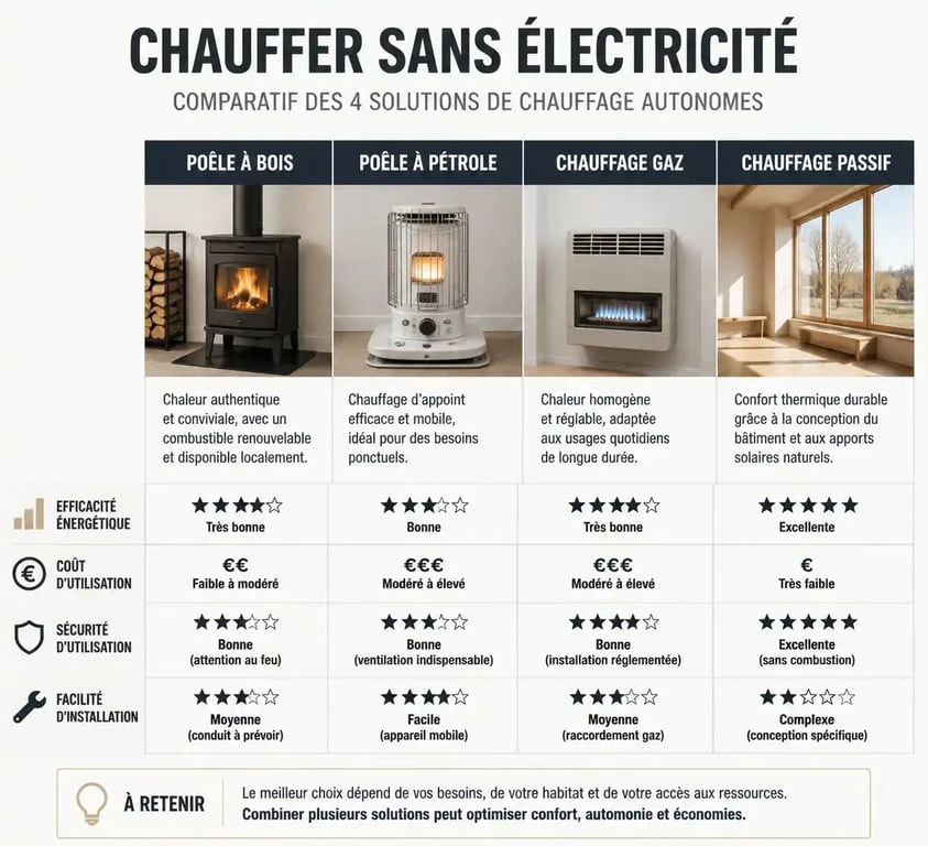Infographie comparative des solutions pour chauffer une pièce sans électricité en toute sécurité