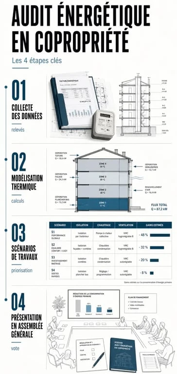 Infographie des 4 étapes de l'audit énergétique en copropriété pour améliorer la performance thermique du bâtiment.