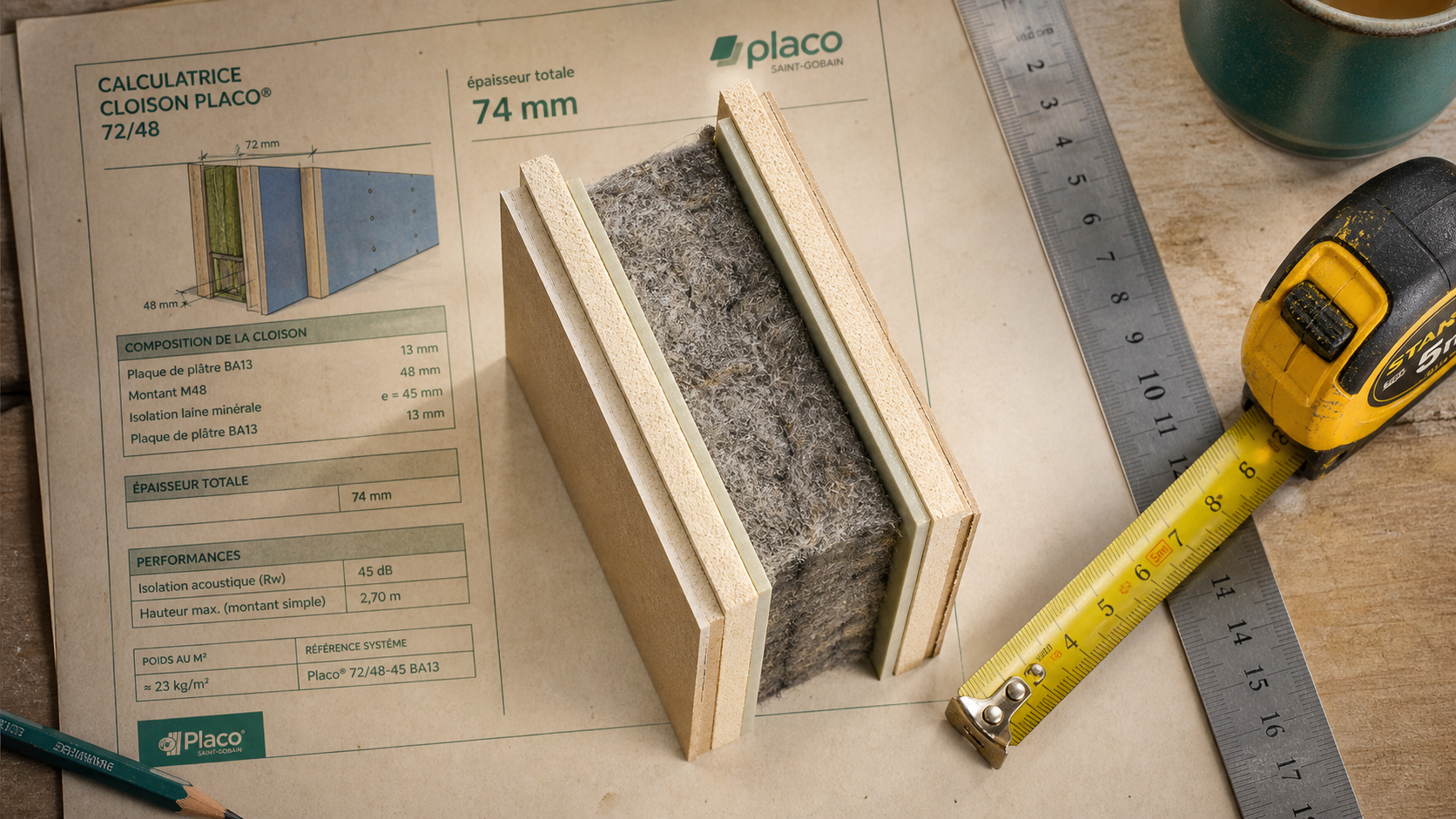epaisseur isolation placo : cloison placo avec isolation et deux plaques BA13