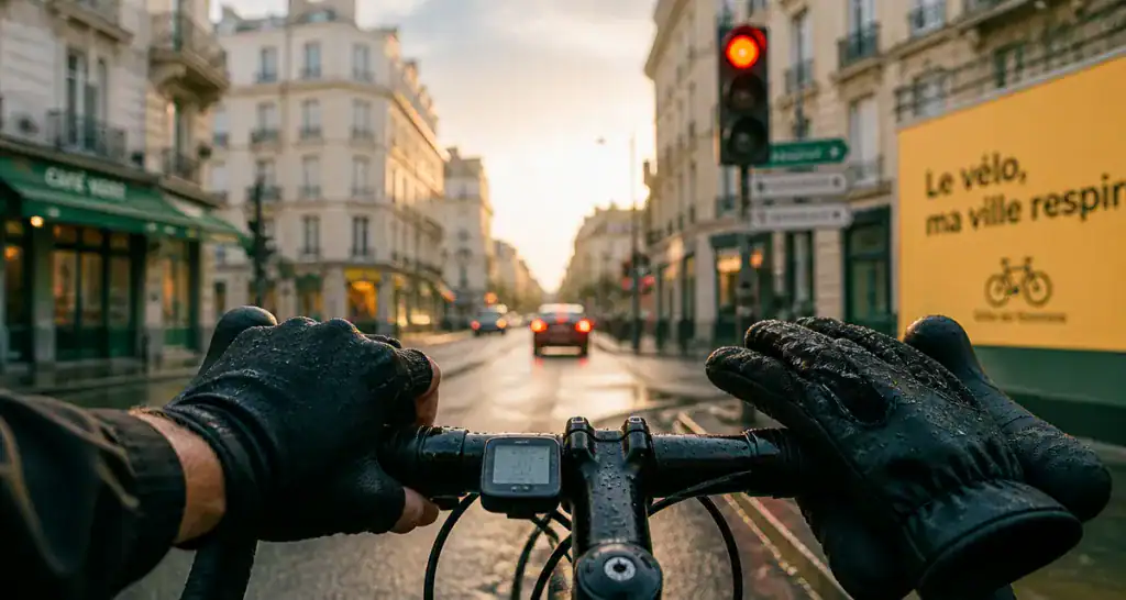 gants velo sur guidon au feu rouge