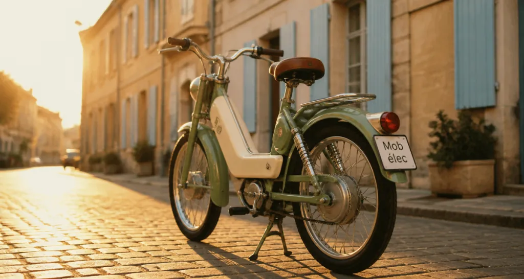 mobylette electrique vintage sur rue pavée