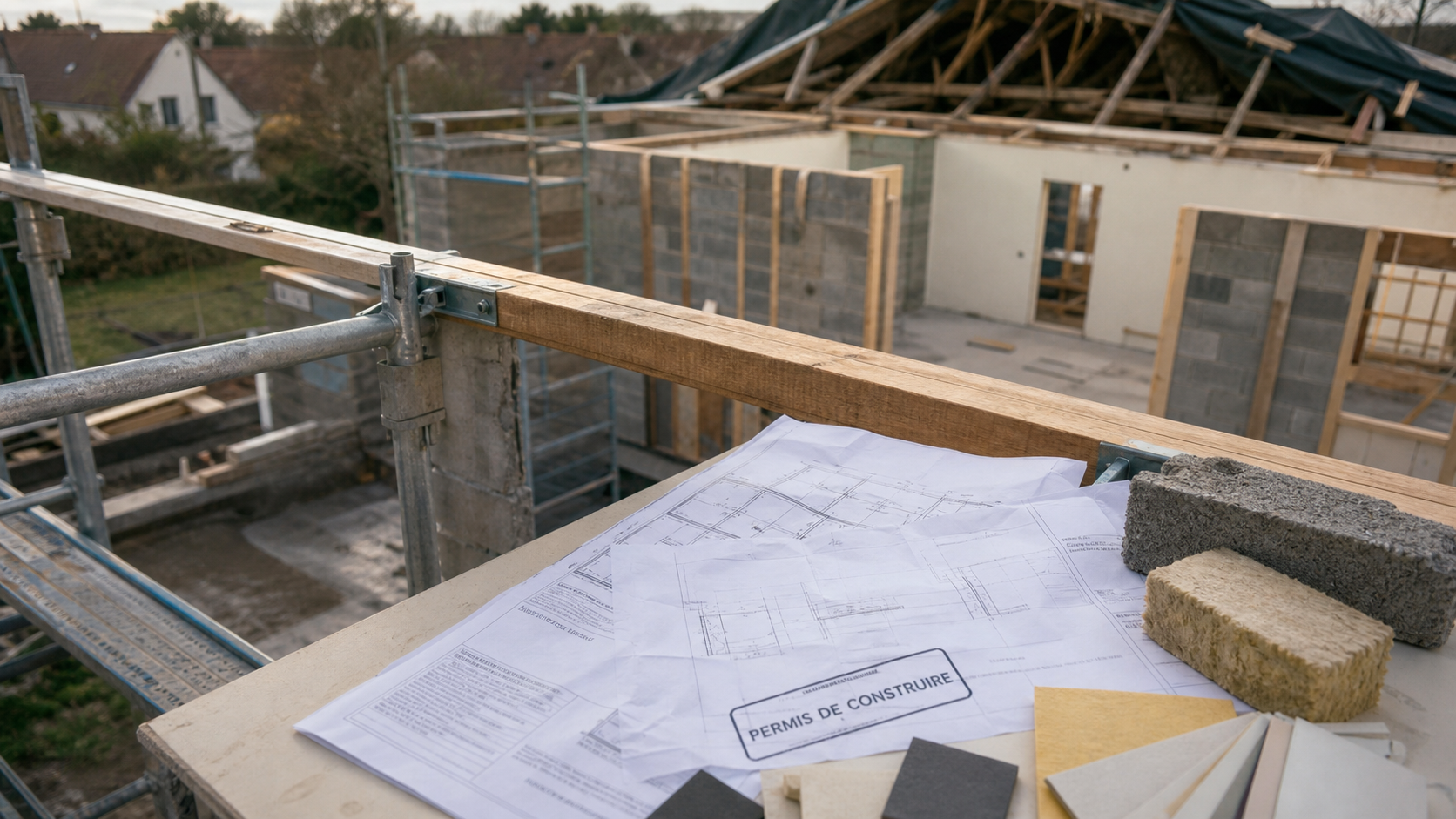 prix surélévation maison 40m2 : chantier, poutrelle et échafaudage