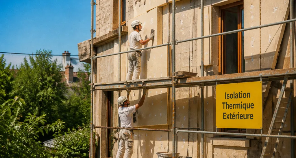 Ravalement ITE ouvriers posent isolation extérieure