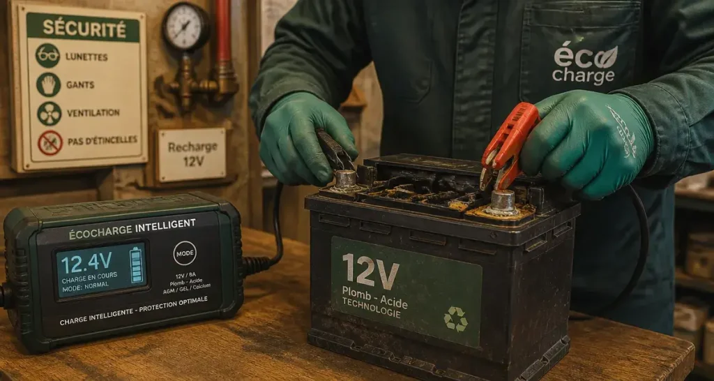 Recharger une batterie 12v : technicien branche un chargeur sur batterie 12V, précautions de sécurité