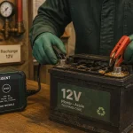 Recharger une batterie 12v : technicien branche un chargeur sur batterie 12V, précautions de sécurité