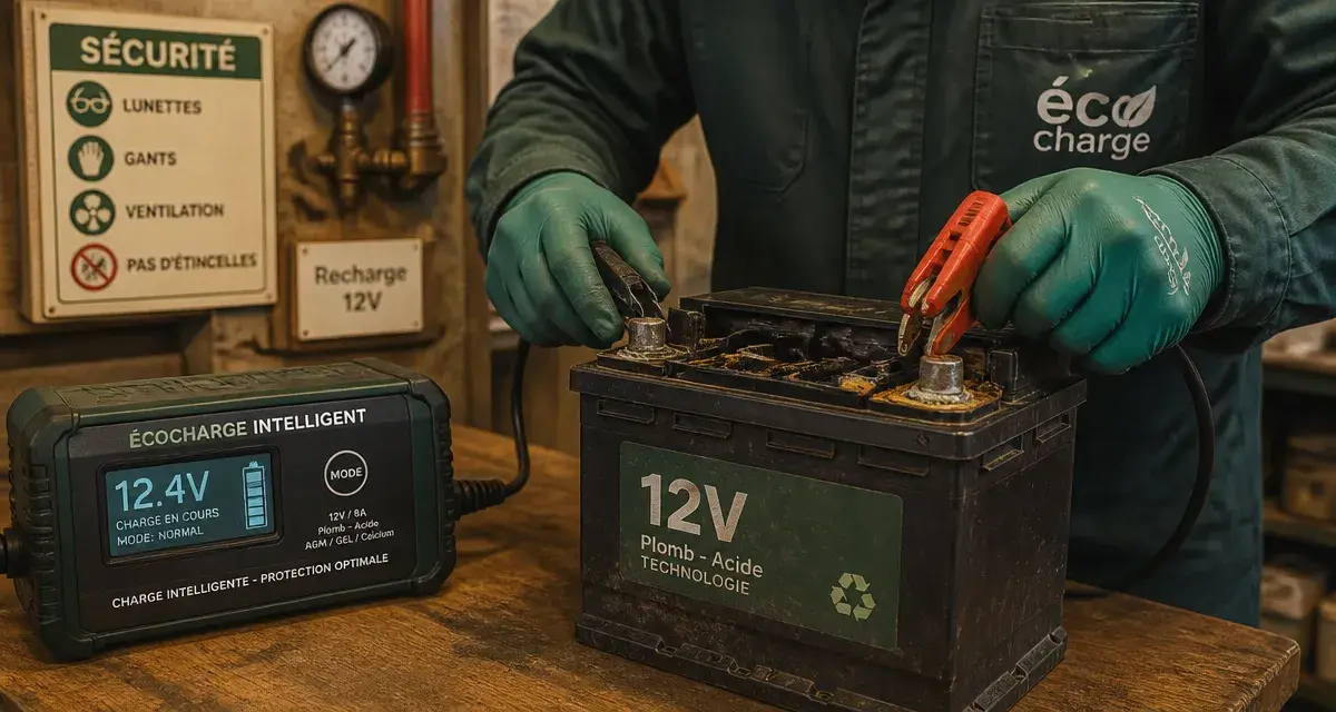 Recharger une batterie 12v : technicien branche un chargeur sur batterie 12V, précautions de sécurité