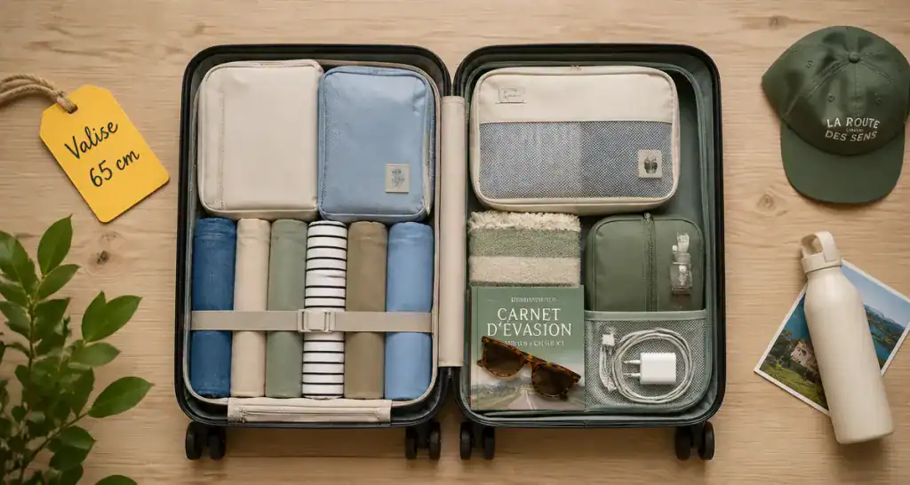valise 65 cm ouverte sur table avec vêtements