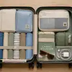 valise 65 cm ouverte sur table avec vêtements