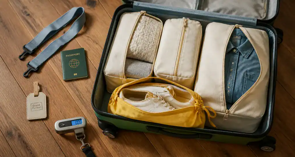 valise grand format ouverte sur plancher avec accessoires