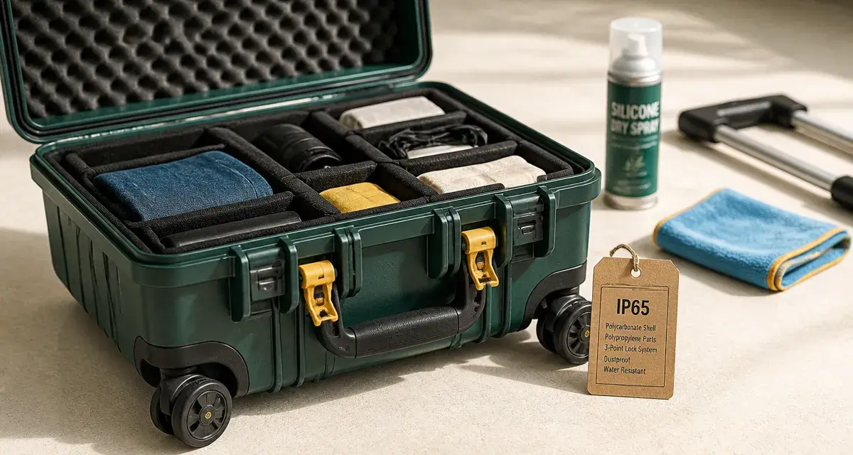 Valise resistante ouverte : coque polycarbonate et détails polypropylène, prête pour la soute