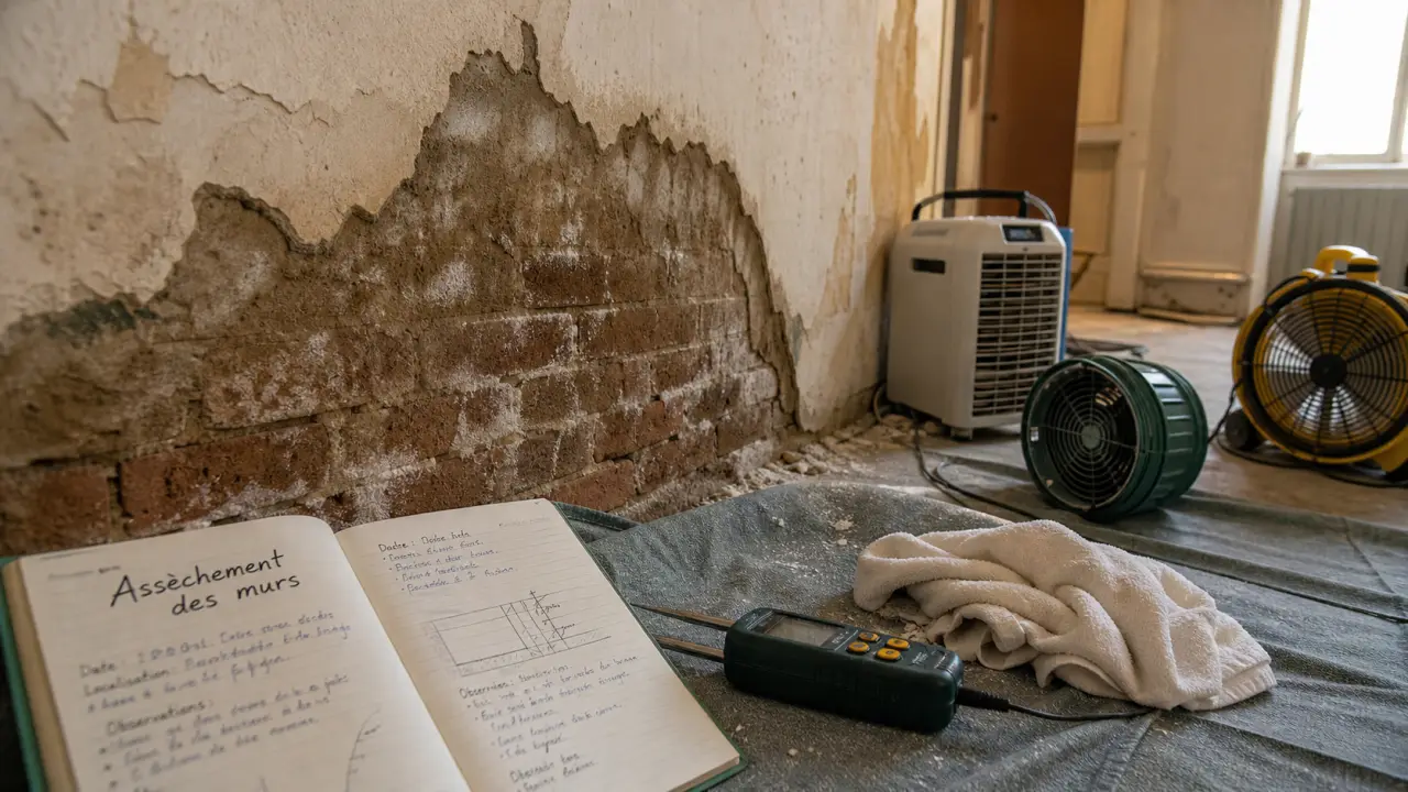Assèchement des murs, traces de salpêtre sur mur humide en rénovation