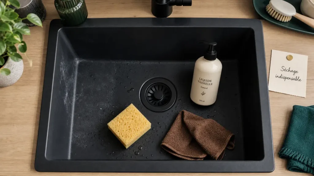 Évier en résine : eau tiède, bicarbonate et séchage pour garder une finition nette