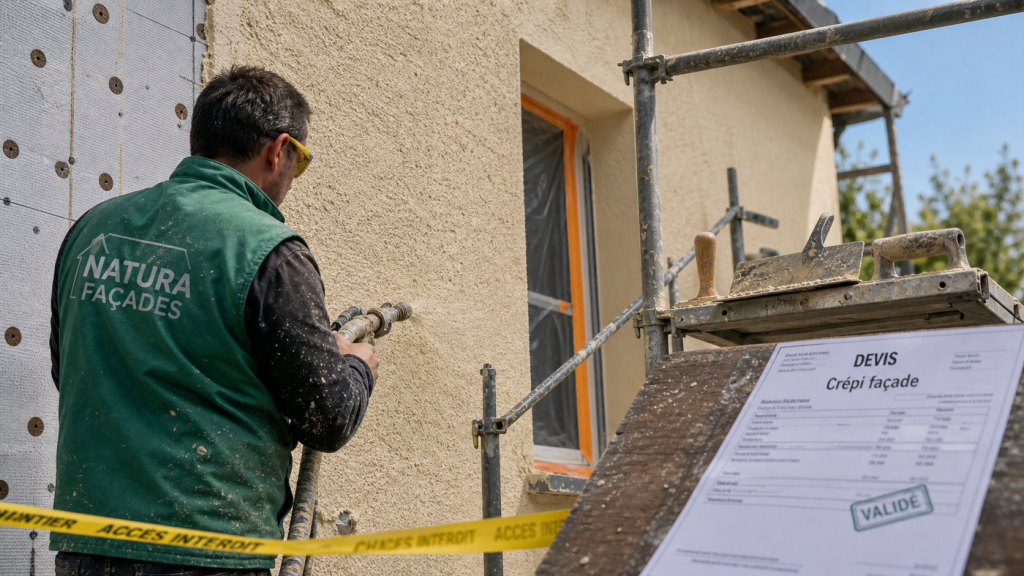 Crepi prix m2 : façadier projette un enduit crépi sur façade