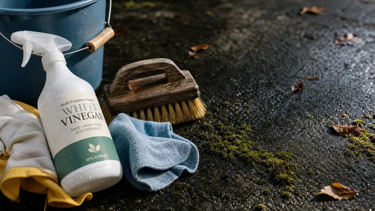 Enlever mousse sur goudron avec vinaigre blanc : brosse et rinçage