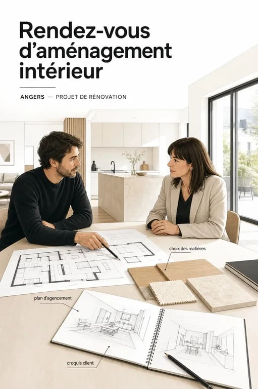Architecte d'intérieur Angers en rendez-vous avec un client dans un intérieur rénové lumineux