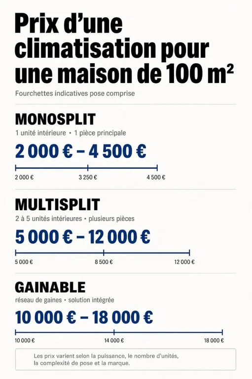 Infographie comparative des prix de climatisation pour maison de 100m2 : monosplit, multisplit et gainable.