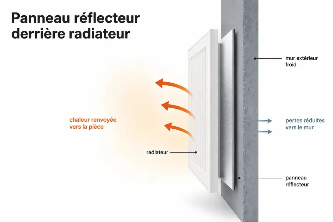 Panneau réflecteur radiateur derrière un radiateur mural, avec schéma simple des flux de chaleur