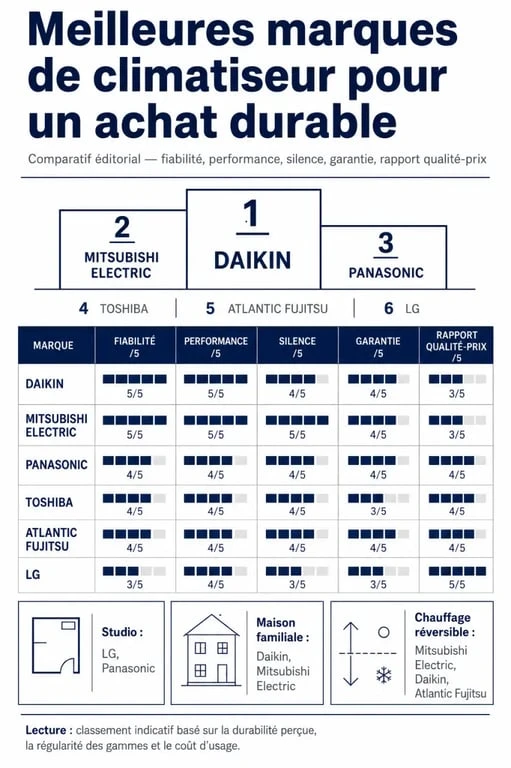Meilleur marque de climatiseur : infographie comparative des marques Daikin, Mitsubishi Electric, Panasonic, Toshiba, Atlantic Fujitsu et LG