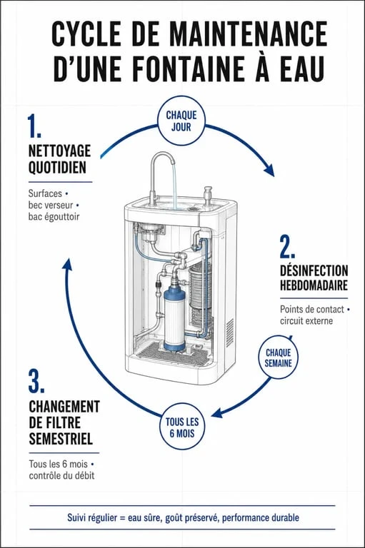Infographie des étapes d'entretien pour une fontaine à eau professionnelle