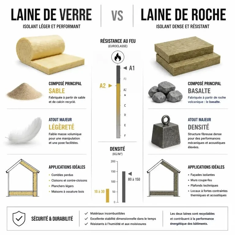 Infographie comparative entre la laine de verre et la laine de roche pour l'isolation thermique