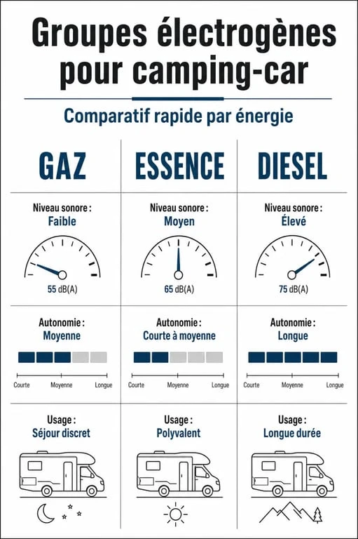 Comparatif des groupes électrogènes silencieux pour camping-car : gaz, essence et diesel