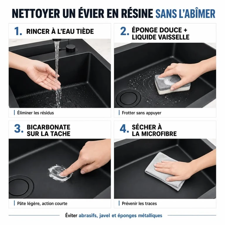 Comment nettoyer un évier en résine sans l’abîmer : étapes de nettoyage doux et séchage