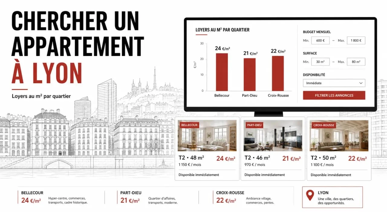 Louer appartement Lyon : visuel éditorial sur les loyers et les quartiers lyonnais