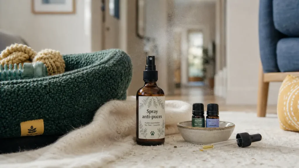 Huile essentielle anti puce maison : spray aux huiles essentielles sur tissu