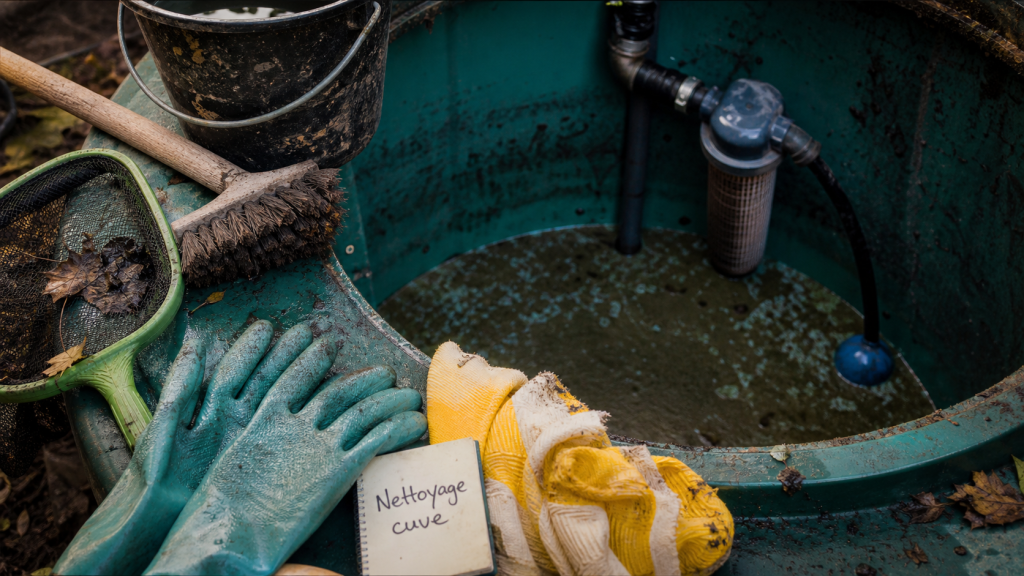 Nettoyage cuve : gants et dépôt au fond d’une cuve d’eau, trappe ouverte