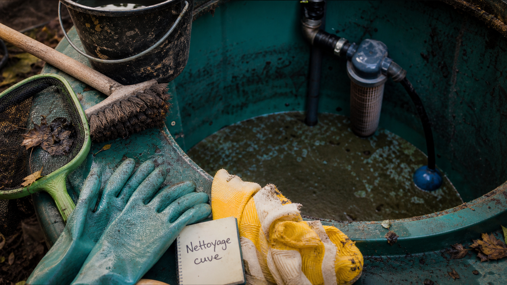 Nettoyage cuve : gants et dépôt au fond d’une cuve d’eau, trappe ouverte