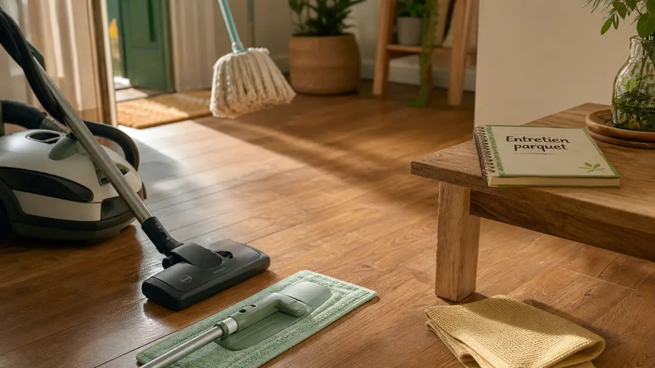 Nettoyage des parquets : chiffon microfibre juste humide sur parquet vitrifié