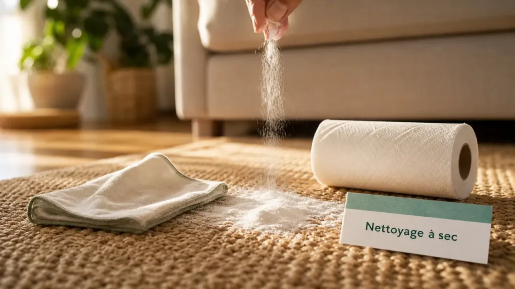 Nettoyer tapis jute au bicarbonate, sans eau, chiffon humide léger