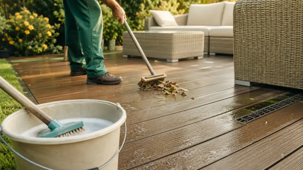 Nettoyer une terrasse en composite sans l’abîmer : eau savonneuse, vinaigre 1:1 et haute pression à éviter