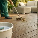 Nettoyer terrasse en composite avec brosse douce et eau savonneuse