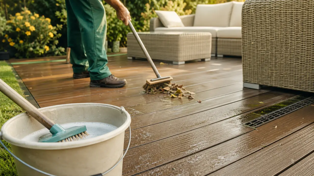 Nettoyer terrasse en composite avec brosse douce et eau savonneuse