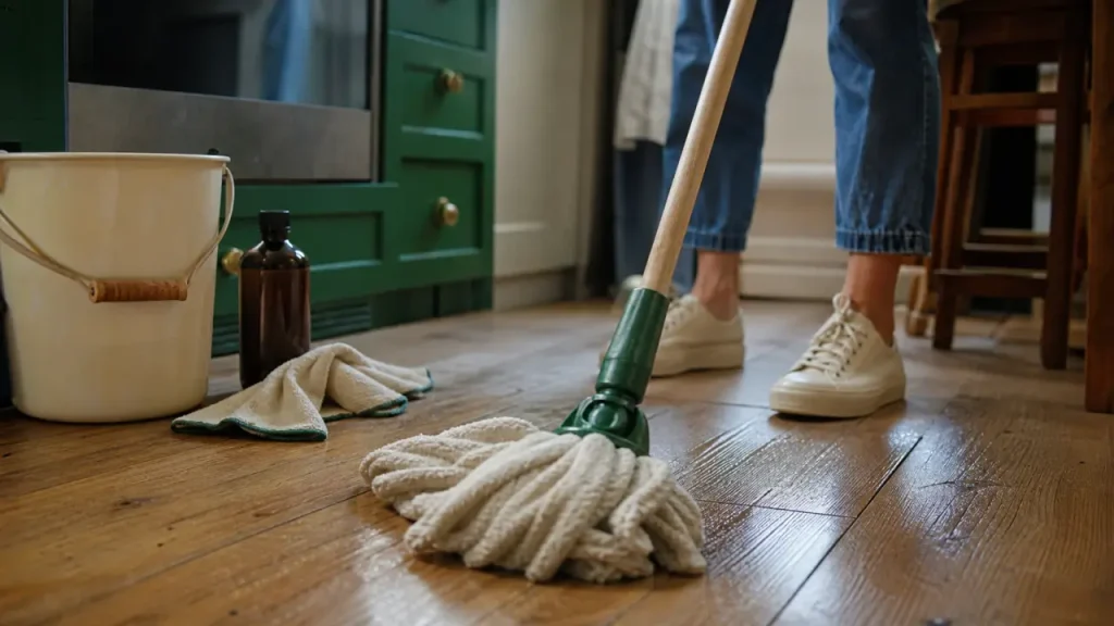 Parquet savon noir : serpillière et seau de savon noir pour nettoyer au bon dosage
