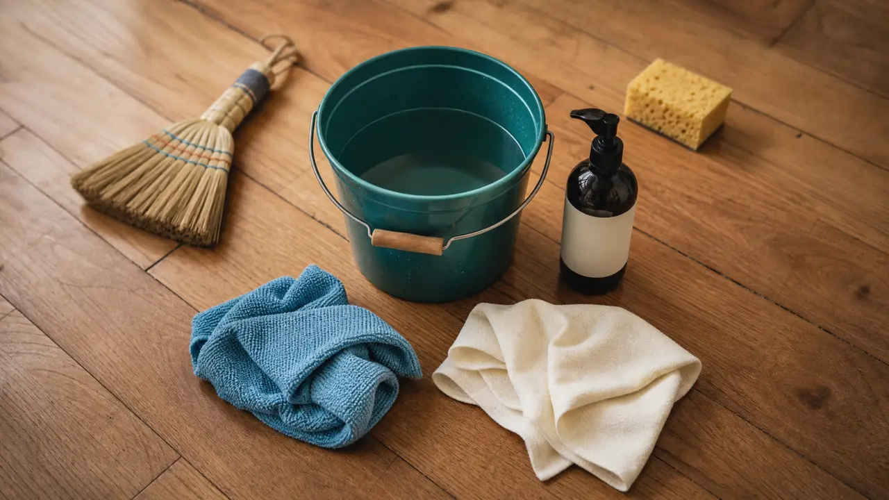 Parquet savon noir : seau d’eau tiède et savon noir pour nettoyer