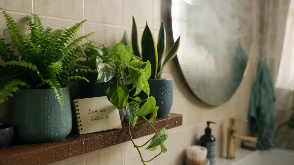 Plantes faciles pour salle de bain : fougère de Boston, pothos, sansevieria en lumière indirecte