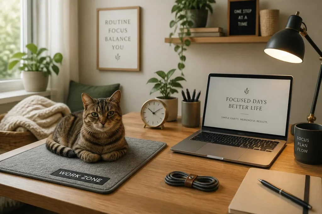 Télétravailler avec un chat : zones, routine, erreurs