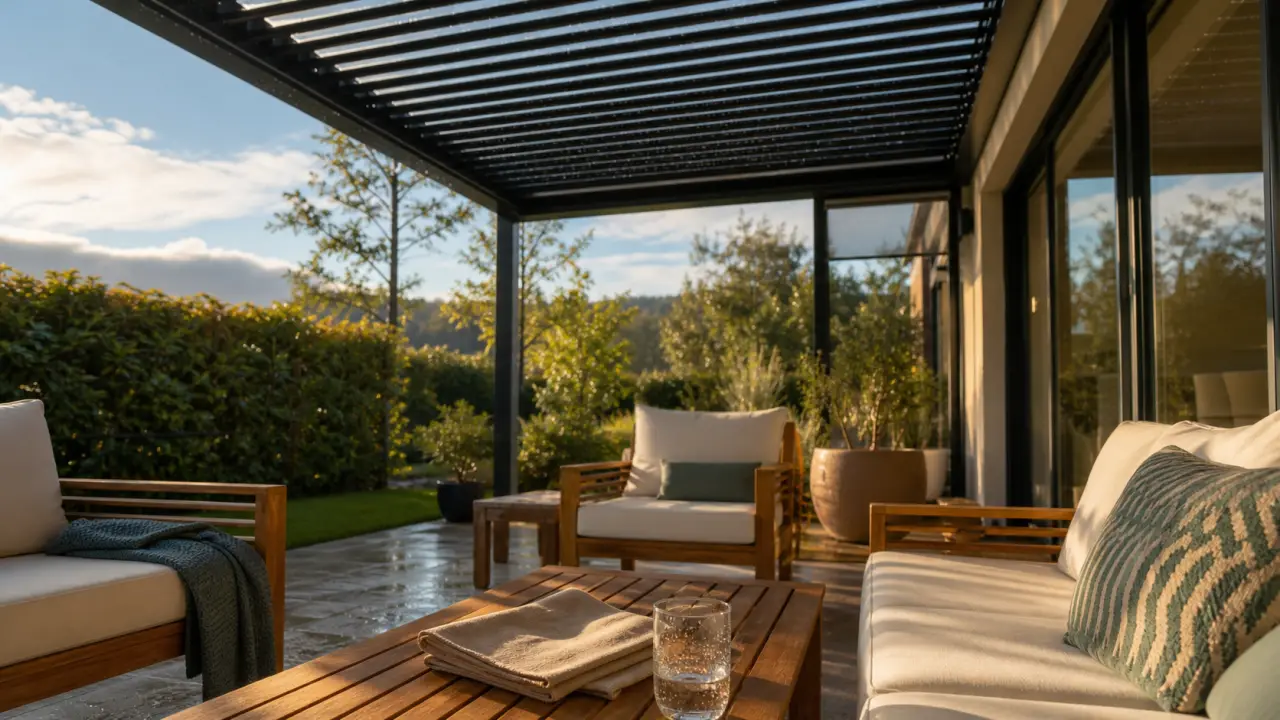 Terrasse couverte maison avec pergola et véranda, auvent vitré