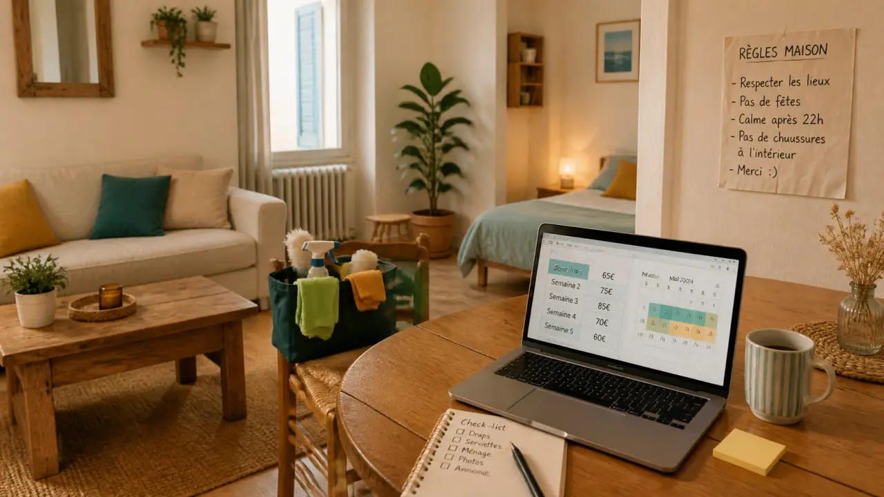 Devenir hote airbnb : salon-studio prêt, canapé, literie et calendrier de réservation