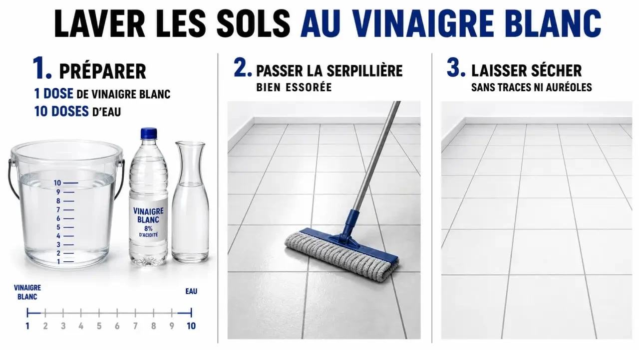 Laver les sols au vinaigre blanc : dilution, passage de la serpillière et séchage