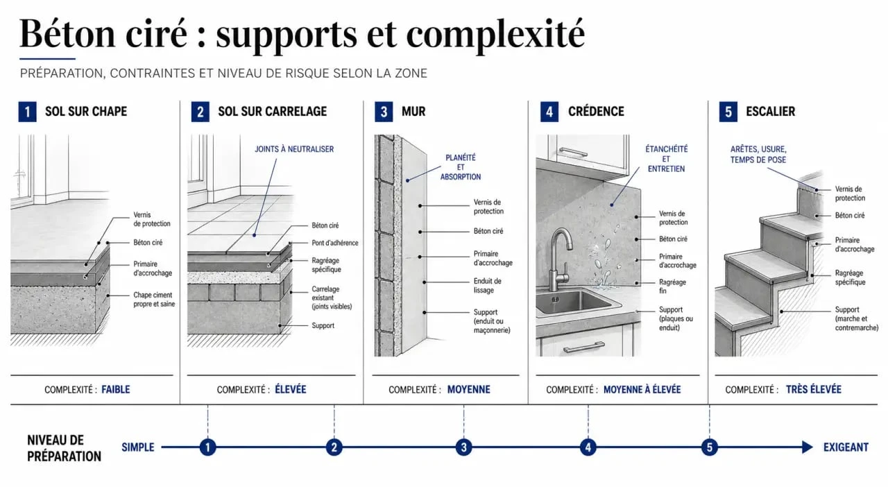 Prix du béton ciré au m2 : comparaison visuelle des supports et zones de pose les plus courants