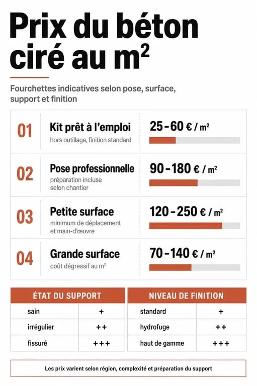 Prix du béton ciré au m2 : comparaison visuelle des fourchettes de prix selon kit, pose professionnelle et type de surface