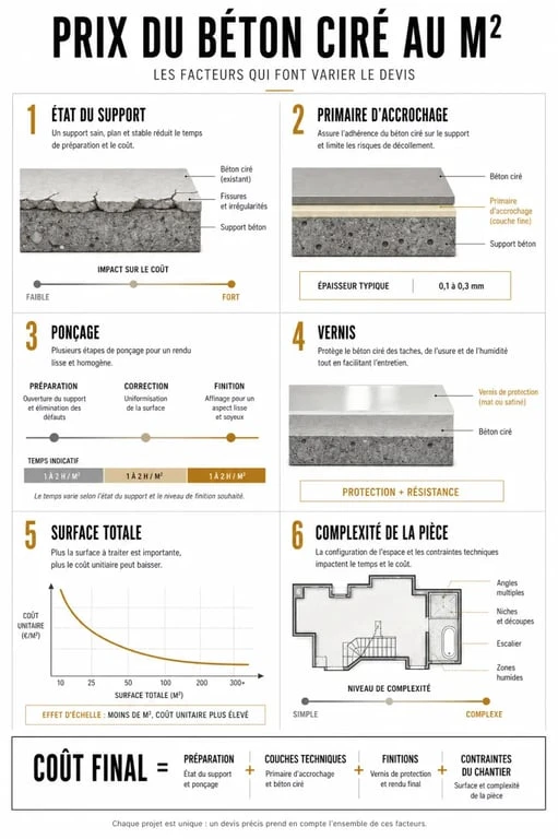 Prix du béton ciré au m2 : facteurs de variation du devis, support, finition et travaux préparatoires