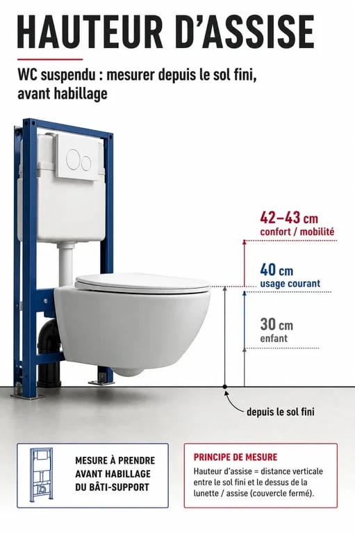 Hauteur toilette suspendu : schéma éditorial de la hauteur d’assise et des repères de mesure avant pose