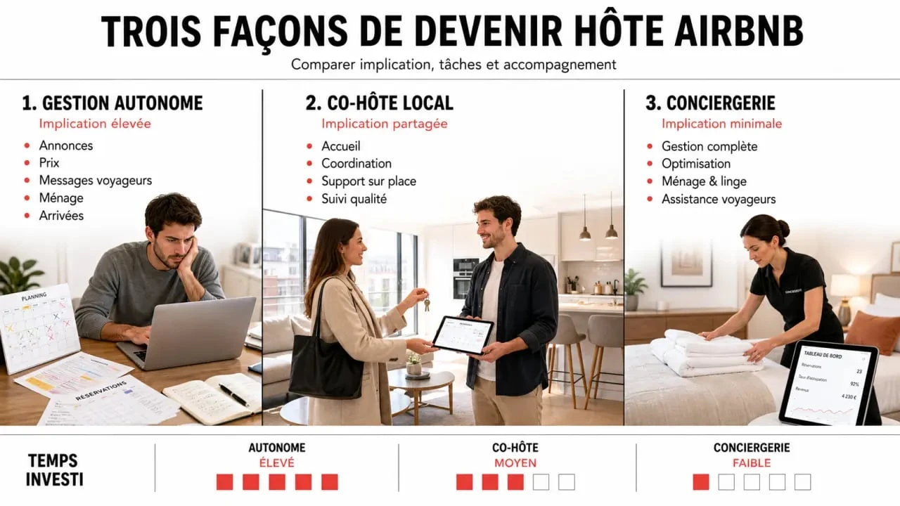 devenir hote airbnb : comparaison visuelle entre gestion autonome, co-hôte local et conciergerie